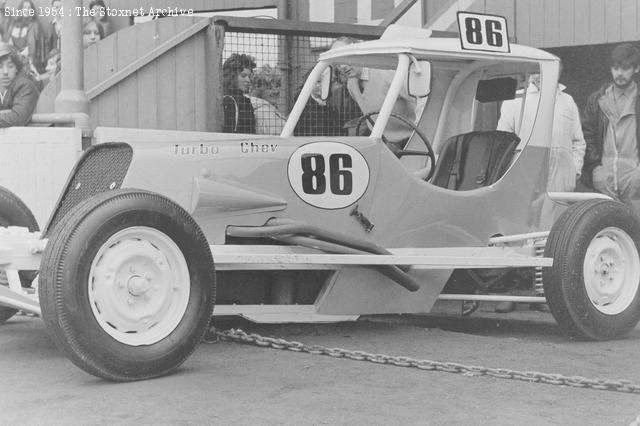 New car debut at Belle Vue. The car was an absolute jewel as completed, but handicapped by the tyres fitted.  Described as having  E Type jaguar suspension which was slightly wide of the mark.  The geometry was certainly as the Jag, but several suspension parts were fabricated in steel to increaser durability.  The car was still parked across from the Stopes Tavern in '75, but it had out on a lot of weight and acquired beam axles.  E&OE applies here. (John Nolan words and photos)