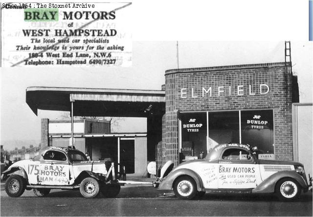 Possibly the coolest stock car transporter of all time... A 1936 Ford Coupe for towing the stock car, also a 1936 Ford Coupe. Pictured outside sponsor Bray Motors of Hampstead. (Photo courtesy David Kipling)