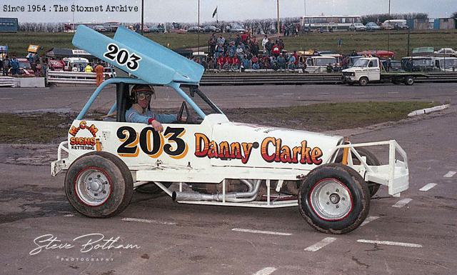 1988 - The SR203's body was removed, and the chassis, rollcage and engine were used for the next car. Initially white, later painted with red and white diagonal stripes. This car was sold to Paul Lowe (410). Pictured at Hednesford on it's debut, March 1988 (Steve Botham photo).